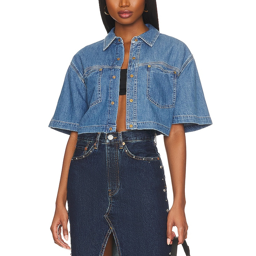 Re/Done Oversized Light Blue Cropped Denim Shirt Size XS
